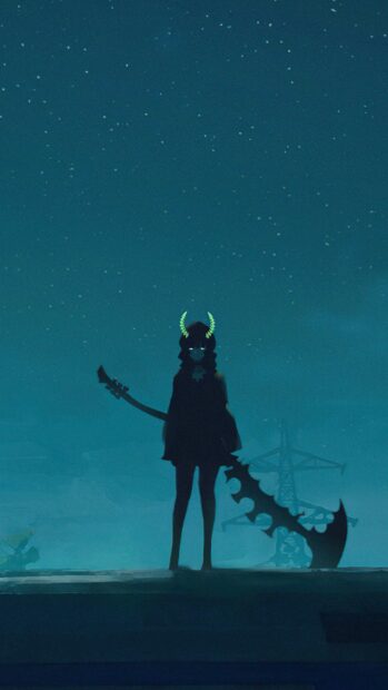 A dark figure holding a uniquely shaped weapon stands against a starry night sky with faint structures in the background, 2K Phone Wallpaper