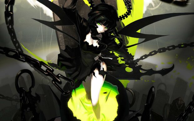 A dark figure with glowing green eyes is surrounded by chains and green light in the scene from Black Rock Shooter, 2K Desktop Wallpaper