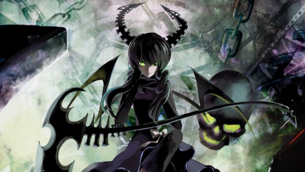 A dark figure with glowing green eyes holding a large weapon is surrounded by chains and mysterious shadows in this Black Rock Shooter scen