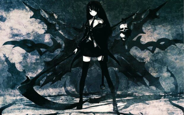 A dark silhouette of Black Rock Shooter holding a large weapon in a gloomy background, HD Desktop Wallpaper
