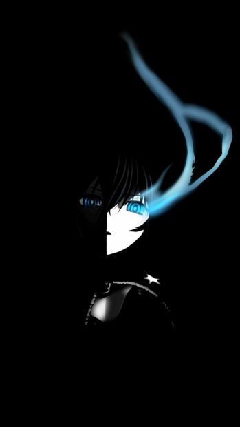 A dark figure of Black Rock Shooter with glowing blue eyes and wisps of blue flame, 4K Phone Wallpaper