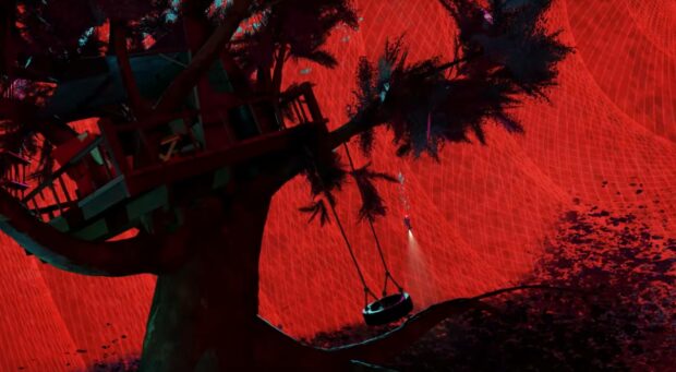 A dark treehouse with a tire swing hangs amidst red patterned background featuring Alfred Hitchcock wallpapers, HD Desktop Wallpaper