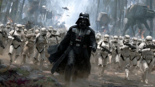 Darth Vader Desktop Wallpaper, A Cinematic Battle Scene With Darth Vader Leading A Legion Of Stormtroopers Against Rebel Forces, Rich In Color And Detail