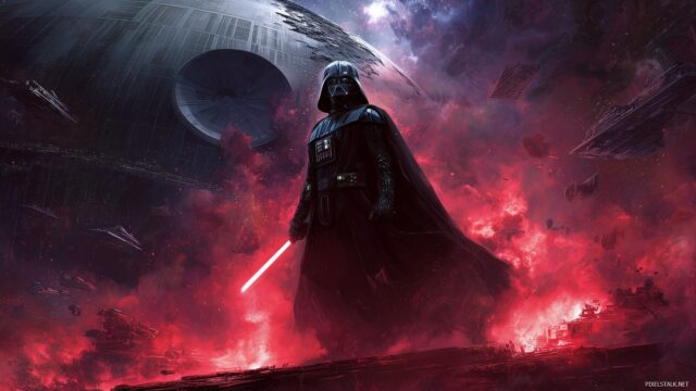 Darth Vader Desktop Wallpaper HD, A Powerful Portrayal Of Darth Vader In An Epic Space Battle Setting With Dramatic Lighting And Intricate Details