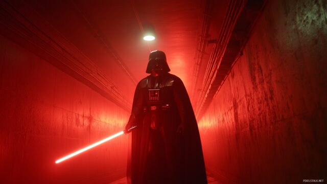 Darth Vader Desktop Wallpaper Free Download, A Dramatic Composition Of Darth Vader Wielding His Lightsaber In A Dark Corridor, Filled With Tension And Anticipation