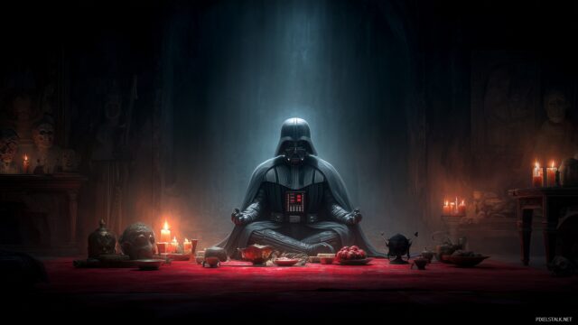 Darth Vader HD Wallpaper, A Haunting Image Of Darth Vader Meditating In A Dark Chamber, Surrounded By Sith Artifacts