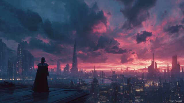 Darth Vader HD Wallpaper For Mac, A Futuristic Cityscape At Dusk With Darth Vader Ominously Overlooking The Skyline, Blending Technology And Darkness
