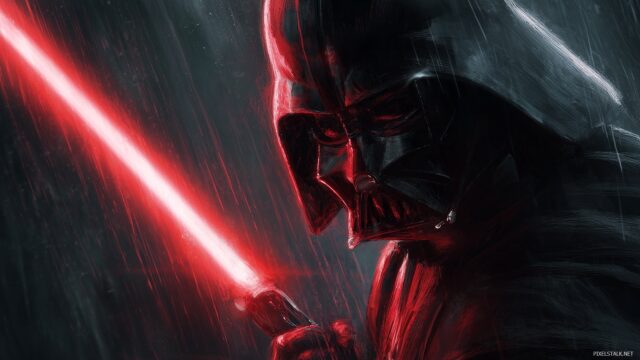 Darth Vader Wallpaper HD For Mac, A Dynamic Shot Of Darth Vader Engaged In Lightsaber Combat With Reflections Of The Battle In His Helmet