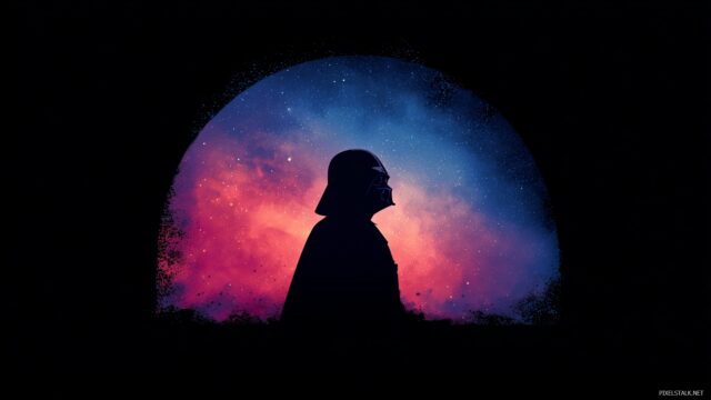 Darth Vader Wallpaper HD Free Download, A Minimalistic Design Featuring Darth Vader’s Silhouette Against A Vibrant Galaxy Backdrop, Emphasizing His Iconic Presence