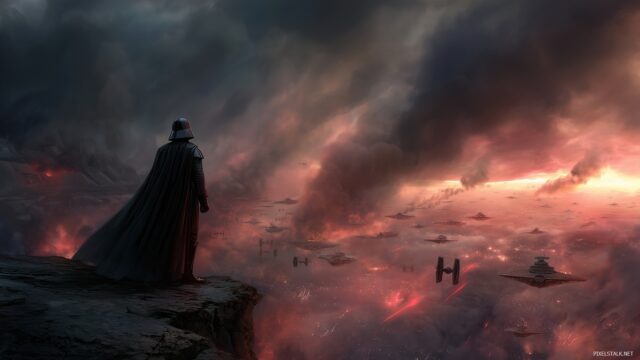 Darth Vader Wallpaper High Resolution, An Awe Inspiring Scene Of Darth Vader Standing On A Rocky Cliff, Overlooking A Galactic Battle Below