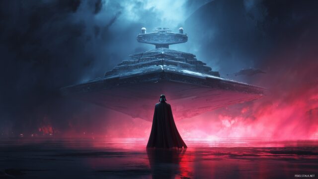 Darth Vader Wide Screen Desktop Wallpaper, An Expansive View Of Darth Vader Facing A Massive Starship, With Dramatic Lighting And An Epic Background