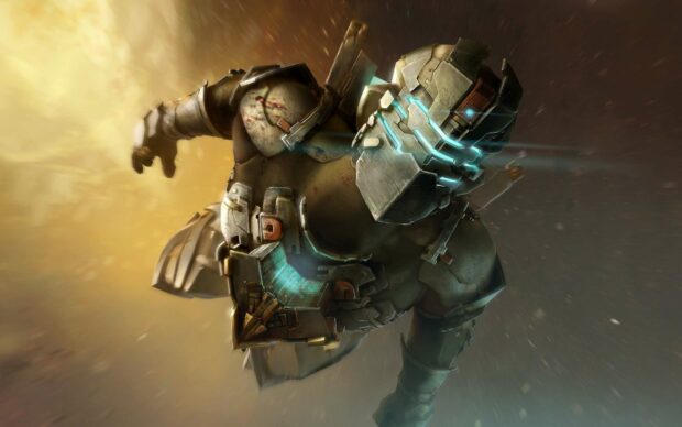 The image shows a character wearing Dead Space armor and helmet with glowing blue elements, 2K Desktop Wallpaper