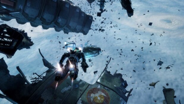 An armed astronaut floats through floating debris in space in Dead Space, HD Desktop Wallpaper