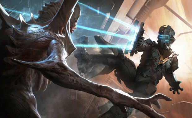 A futuristic soldier kicks a terrifying alien creature in a sci fi setting, featuring Dead Space Wallpapers, 2K Desktop Wallpaper