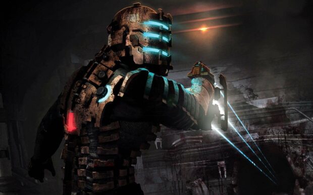 A character in a Dead Space suit aims a futuristic weapon in a dark environment, HD Desktop Wallpaper