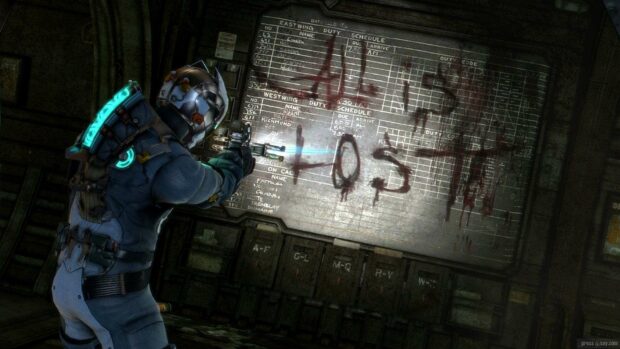 A Dead Space character aims a weapon at a wall with the words  Call of Help  written in blood, HD Desktop Wallpaper
