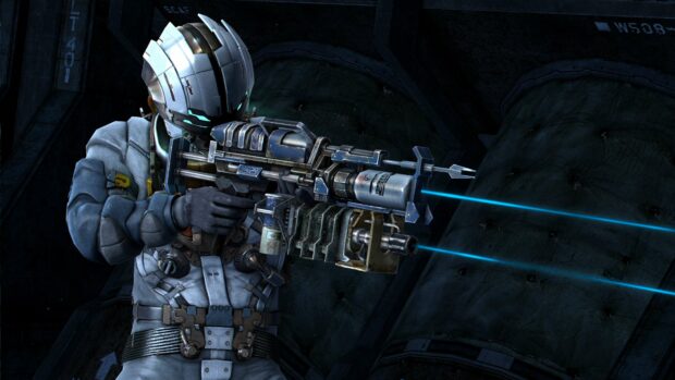 A Dead Space character is aiming a futuristic weapon inside a dark spaceship corridor, 4K Desktop Wallpaper