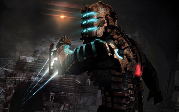 A Dead Space character is aiming a weapon in a dark sci fi environment, HD Desktop Wallpaper