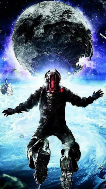 A Dead Space character floats near a menacing moon with cosmic debris around, HD Mobile Wallpaper