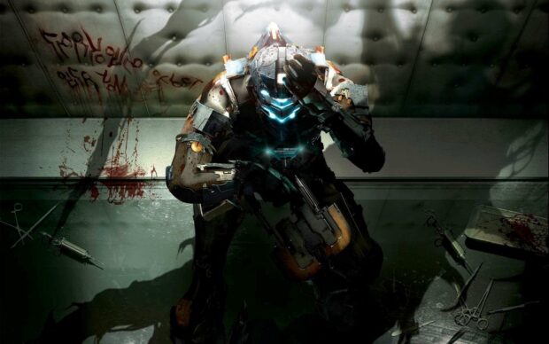 A Dead Space character is kneeling and holding his head in a dimly lit room with blood stains and surgical tools, HD Desktop Wallpaper