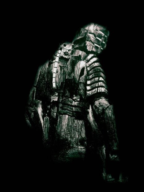 A dark image showing a Dead Space character wearing a futuristic armored suit with glowing elements, 2K Mobile Wallpaper