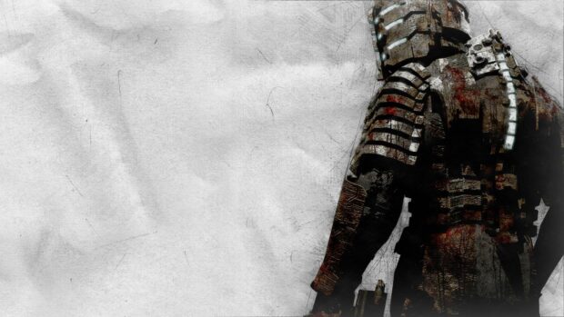 A Dead Space character stands in a dark, armored suit covered with blood stains, 4K Desktop Wallpaper