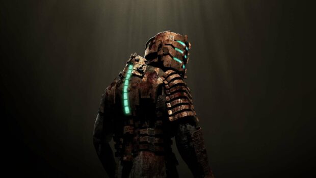 A Dead Space character stands in a dark setting with glowing blue lights on the armor, HD Desktop Wallpaper