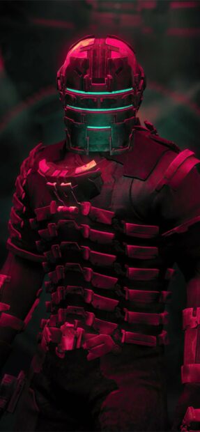 A character from Dead Space is shown wearing futuristic armor with glowing lights, 2K Phone Wallpaper