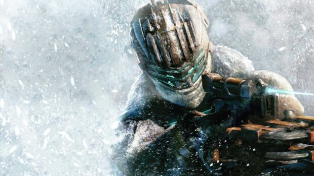 A Dead Space character battles through a snowy storm with a futuristic weapon, HD Desktop Wallpaper