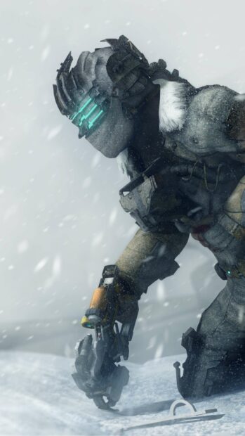 A warrior in advanced armor moving through snowy terrain in Dead Space, 4K Phone Wallpaper