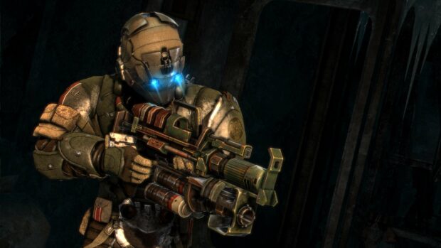 A Dead Space character is holding a large weapon in dark surroundings with glowing blue eyes, 4K Desktop Wallpaper