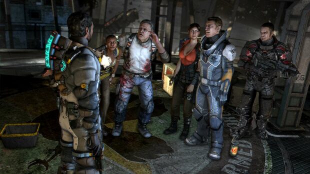 A group of Dead Space characters stands in a dimly lit industrial area discussing a plan, HD Desktop Wallpaper