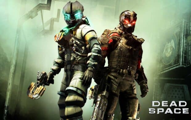 Two Dead Space characters stand back to back in glowing helmets and detailed armor, 2K Desktop Wallpaper