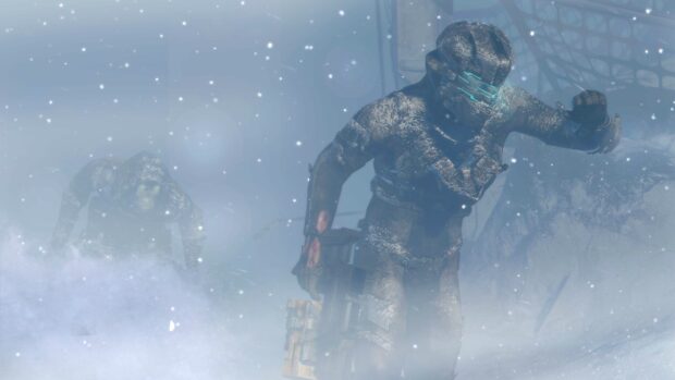 The Dead Space characters struggle through a snowy environment while facing threats in the distance, 4K Desktop Wallpaper