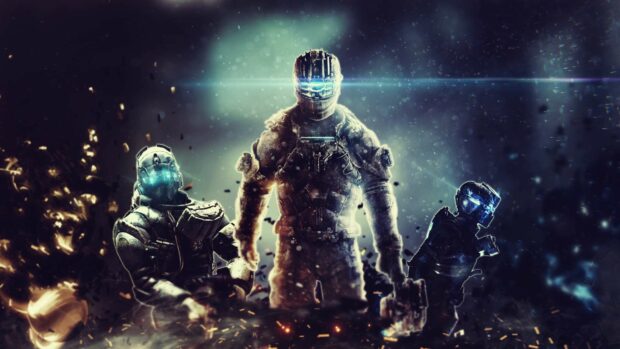 Three Dead Space characters are standing amid sparks and debris in a dark intense setting, HD Desktop Wallpaper