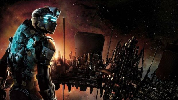 The Dead Space futuristic armored character stands near a space station with a glowing blue suit, HD Desktop Wallpaper