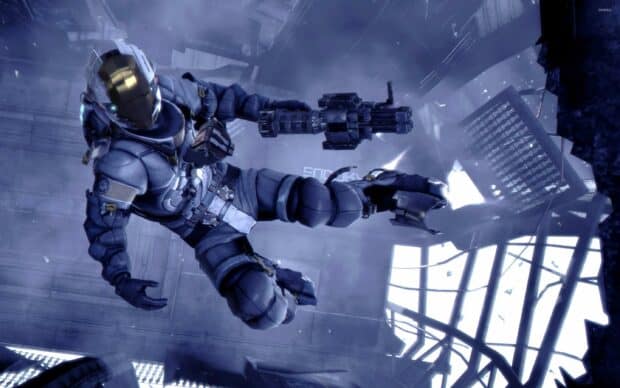 A futuristic armored character from Dead Space is floating inside a damaged space station, 2K Desktop Wallpaper