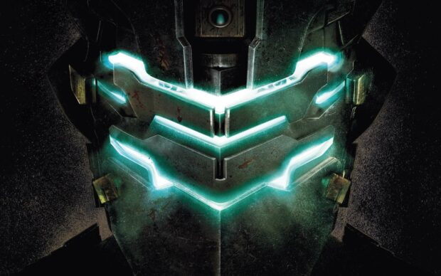 The glowing helmet from the Dead Space game is set against a dark background, HD Desktop Wallpaper