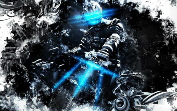 A space suit warrior wielding glowing blue blades in dark environment with sci fi elements, HD Desktop Wallpaper