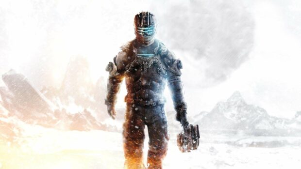 A futuristic soldier from Dead Space stands ready in a snowy environment holding a weapon, HD Desktop Wallpaper