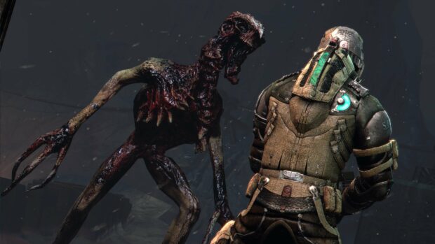A soldier faces a terrifying monster in a dark environment from Dead Space, 4K Desktop Wallpaper