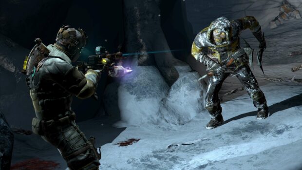 A character is aiming a futuristic weapon at a mutated enemy in a snowy cave in Dead Space, 4K Desktop Wallpaper