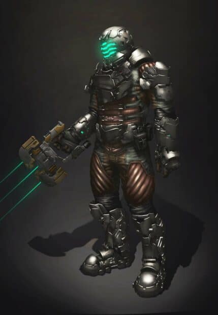 A futuristic armored suit with glowing helmet visor and advanced weapon in a dark setting from Dead Space wallpapers, HD Desktop Wallpaper