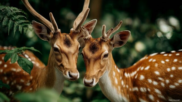 Deer Background HD Wallpaper For Mac, A Close Up Of Deer Intertwined In A Lush Green Setting With Dappled Sunlight Filtering Through