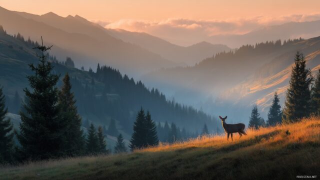 Deer Background Ultra HD Desktop Wallpaper, A Serene Mountain Landscape Illuminated By Sunrise With Deer Appearing In The Foreground