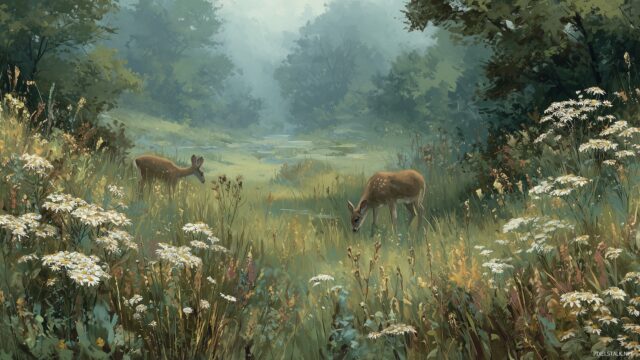 Deer Background Wallpaper, A Tranquil Meadow With Deer Grazing Gracefully Amidst Wildflowers And Tall Grass