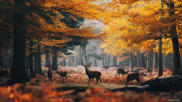 Deer Background Wallpaper HD For Desktop, A Vibrant Autumn Scene Filled With Colorful Leaves And Deer Playing Among The Trees