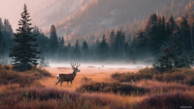 Deer Background Wallpaper For Desktop, Serene Forest Landscape Featuring Majestic Deer Roaming Freely Under A Soft Morning Light
