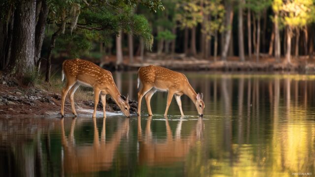 Deer Background Wallpaper For Desktop Computer, A Peaceful Lakeside Scene Showcasing Deer Drinking Water With Reflections In The Water