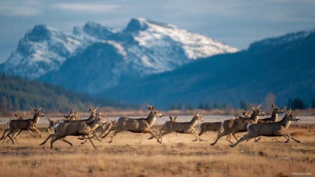 Deer Background Wallpaper For PC, A Dynamic Scene Capturing The Energy Of Deer Running Through An Open Field With Mountains In The Distance